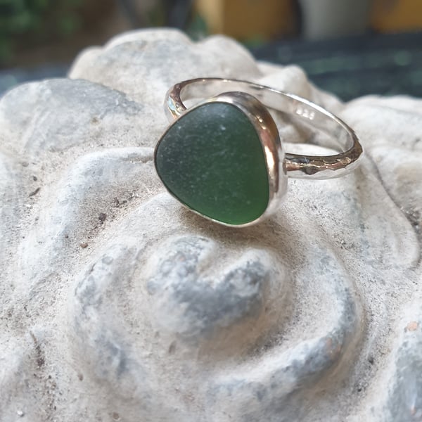 Beautiful Sterling Silver 925 Dark Green Seaham Seaglass Ring