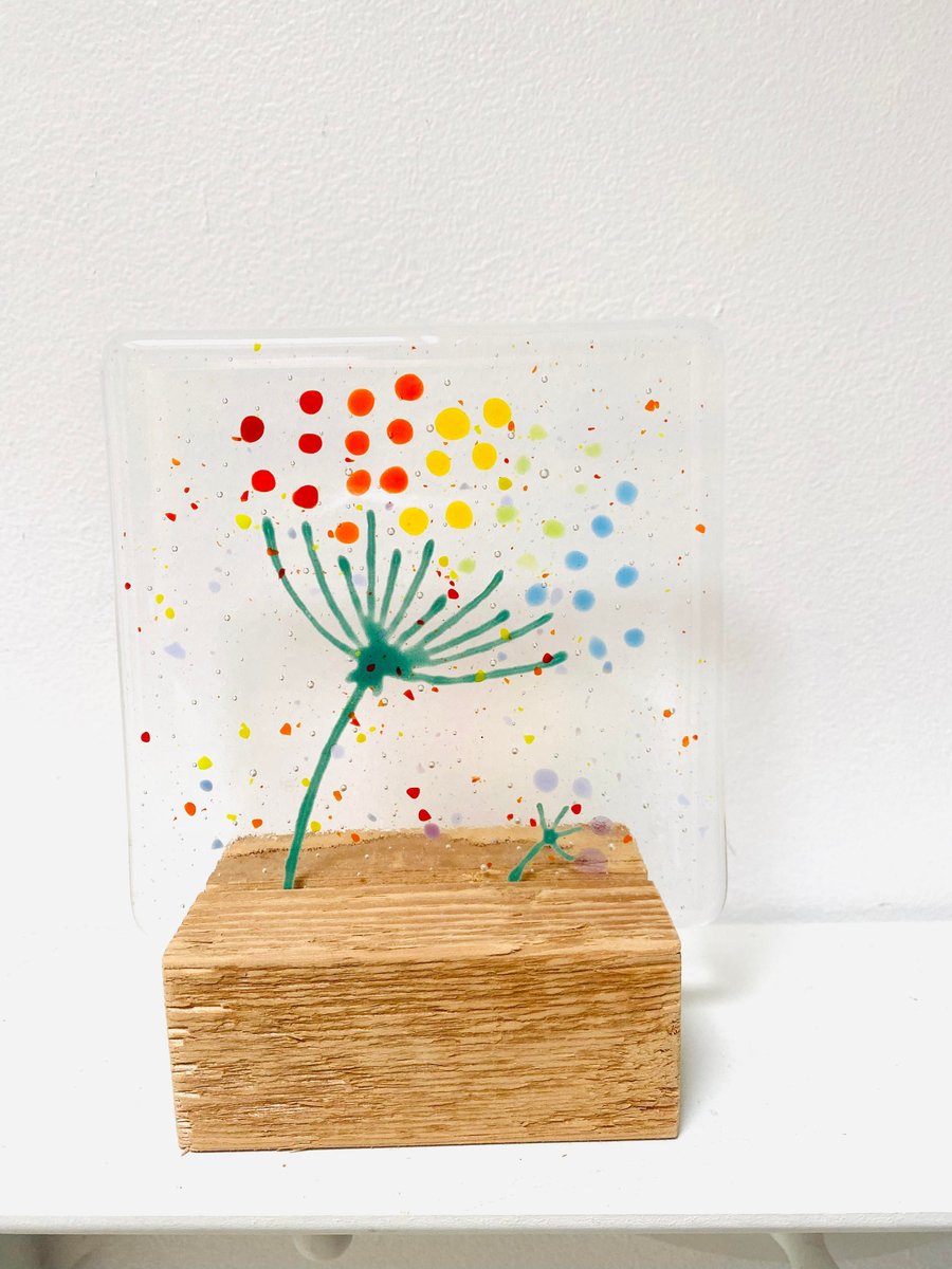 Fused Glass Rainbow Dandelion, Freestanding in a wooden block