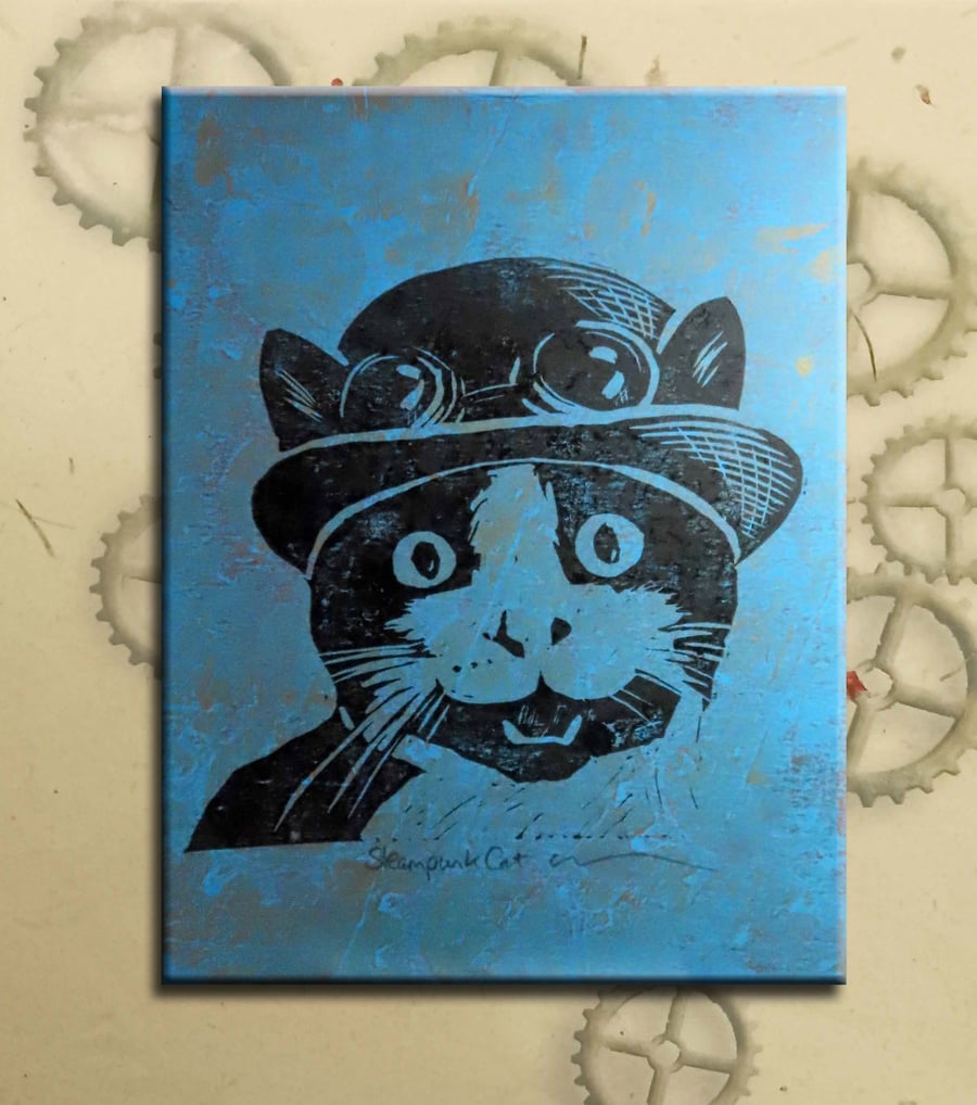 Steampunk Cat One off Hand-Pulled Linocut & Gelli Print Blue