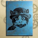 Steampunk Cat One off Hand-Pulled Linocut & Gelli Print Blue