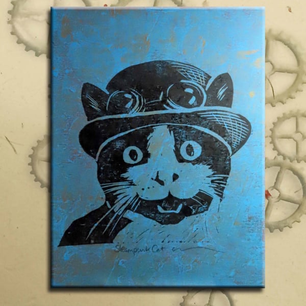 Steampunk Cat One off Hand-Pulled Linocut & Gelli Print Blue