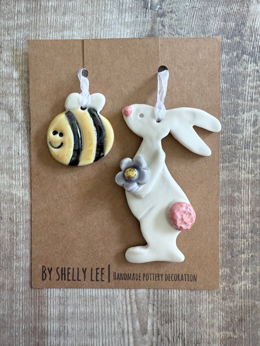 Handmade porcelain bunny and bee hanging decoration