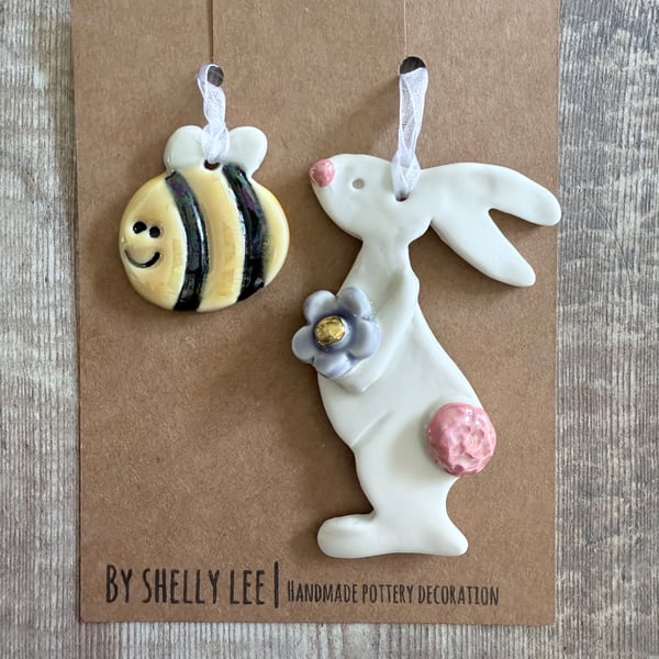 Handmade porcelain bunny and bee hanging decoration