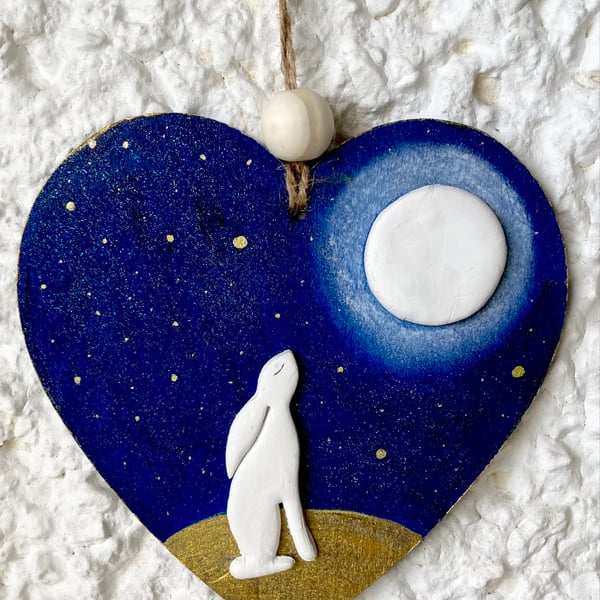 Large The Moon And I White Moon Gazing Hare & Full Moon Hanging Heart
