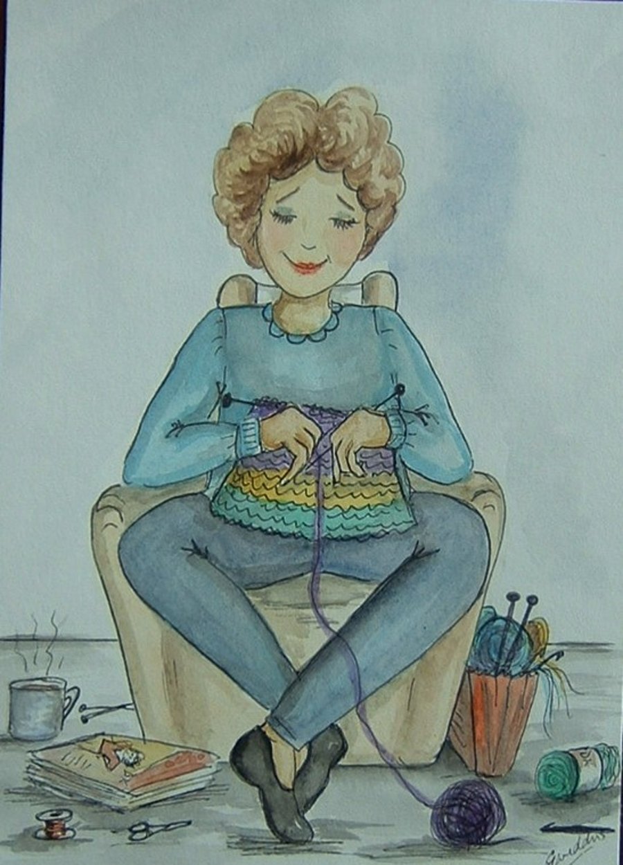 original art cartoon knitter ( ref F 904)