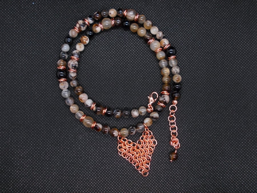 SALE - Rose gold plated copper chainmaille heart pendant on agate necklace