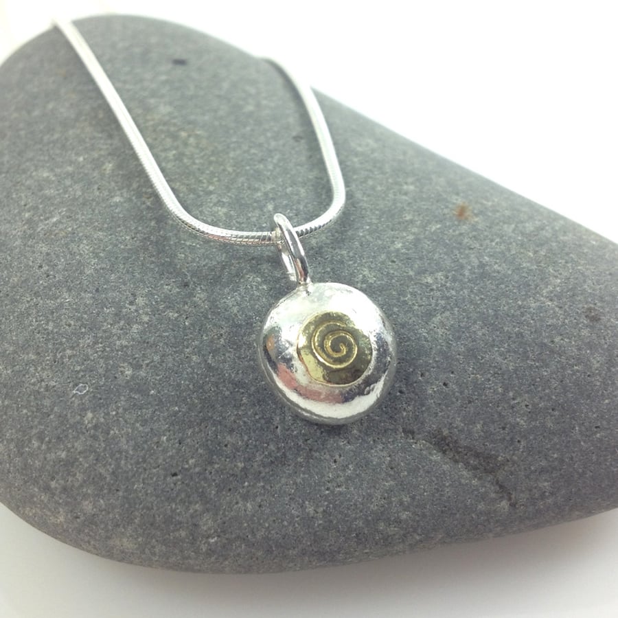 Silver and 18ct gold spiral pebble pendant and chain