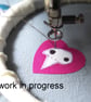 freehand embroidered chicken skull heart textile brooch purple - Image 10
