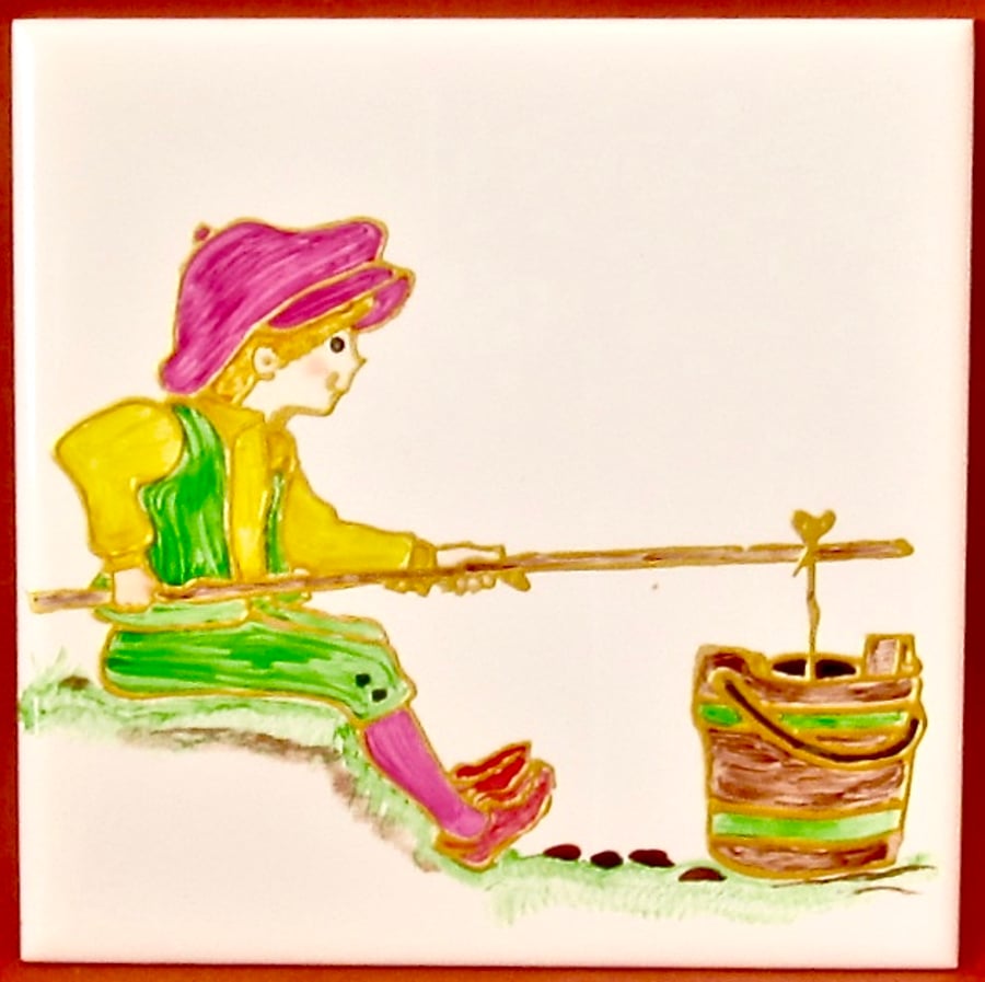 Hand Painted 'Jack, Fishing in a Bucket', 15cm square ceramic tile
