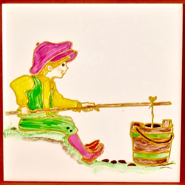 Hand Painted 'Jack, Fishing in a Bucket', 15cm square ceramic tile