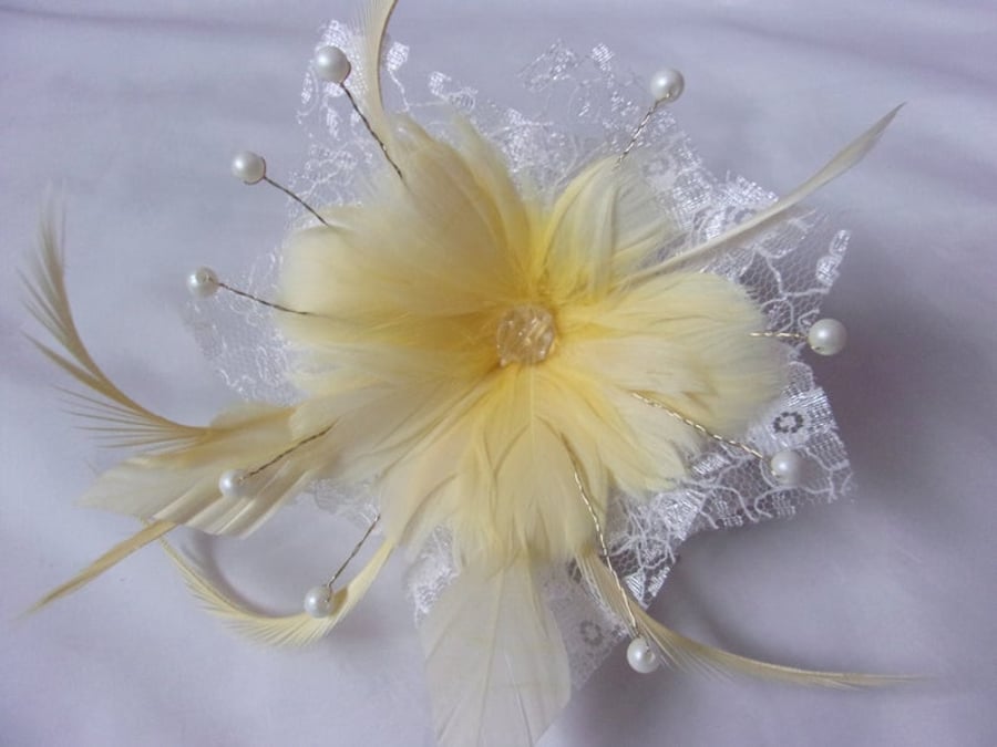 Primrose Yellow and Ivory Feather Flower Lace and Pearl Fascinator Hair Comb