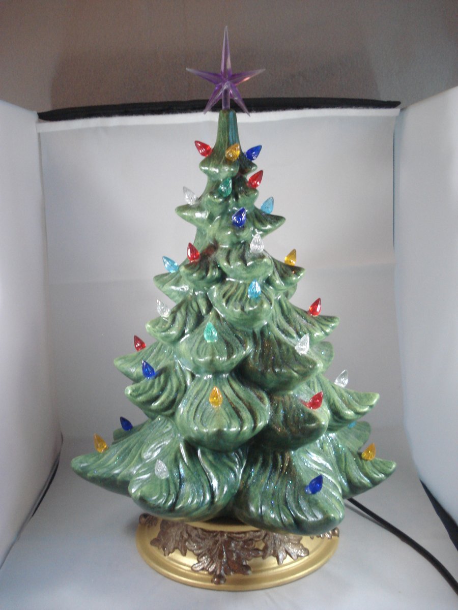 Large Green Ceramic Xmas Christmas Tree Table Lamp Light Ornament Decoration.   