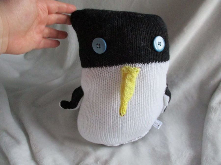 Black & White Wonky Giant Penguin - Yellow Beak Slate Blue Eyes Knitted By KM