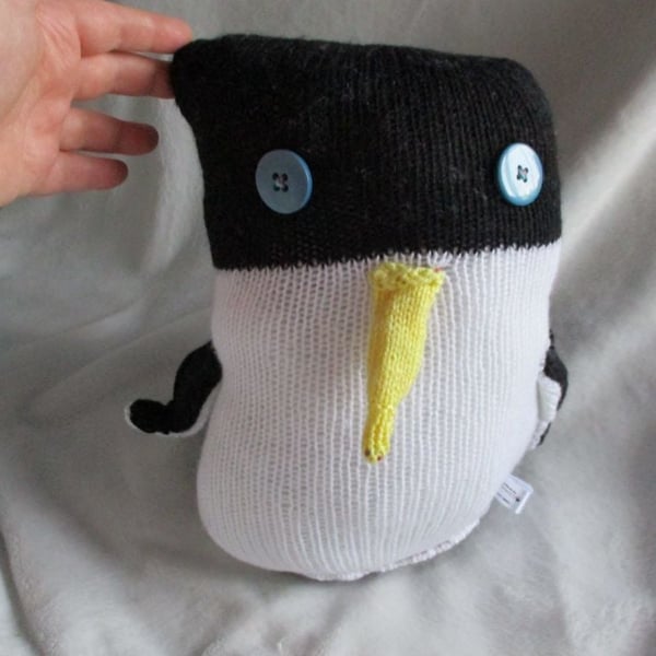 Black & White Wonky Giant Penguin - Yellow Beak Slate Blue Eyes Knitted By KM