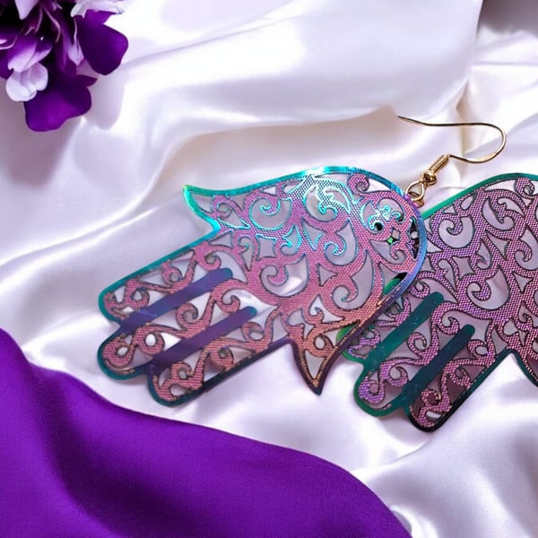 Large Hamsa hand earrings, protective jewellery, spiritual jewellery, steel jewe