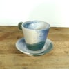 Cute Ceramic Cup & Saucer in Blue, Green & Cream - Stoneware Pottery