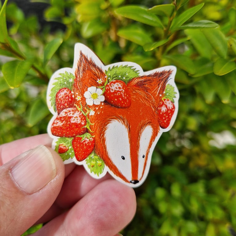 Strawberry Fox - Wooden Pin Badge