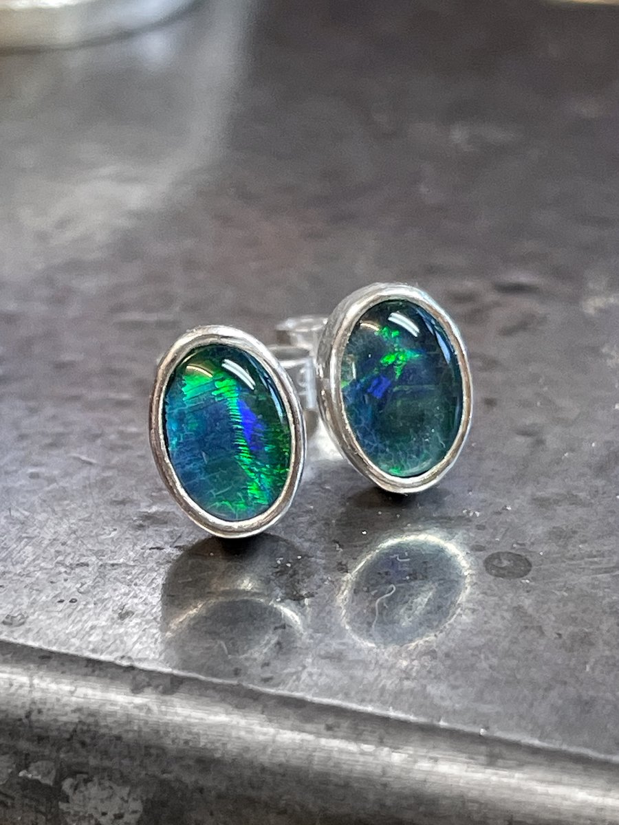 Opal and silver oval stud earrings