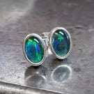 Opal and silver oval stud earrings