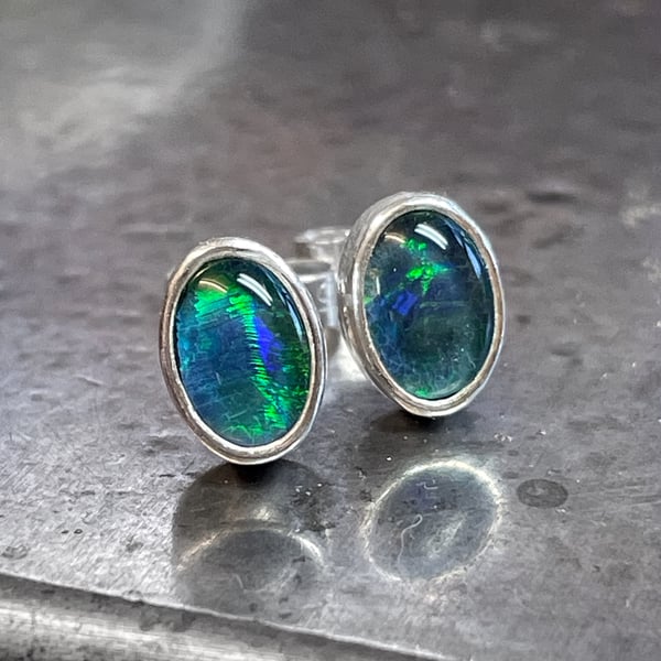 Opal and silver oval stud earrings