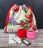 Floral 1940s Vintage Barkcloth Fabric Drawstring Bag, Gift Bag - Red  - Image 3