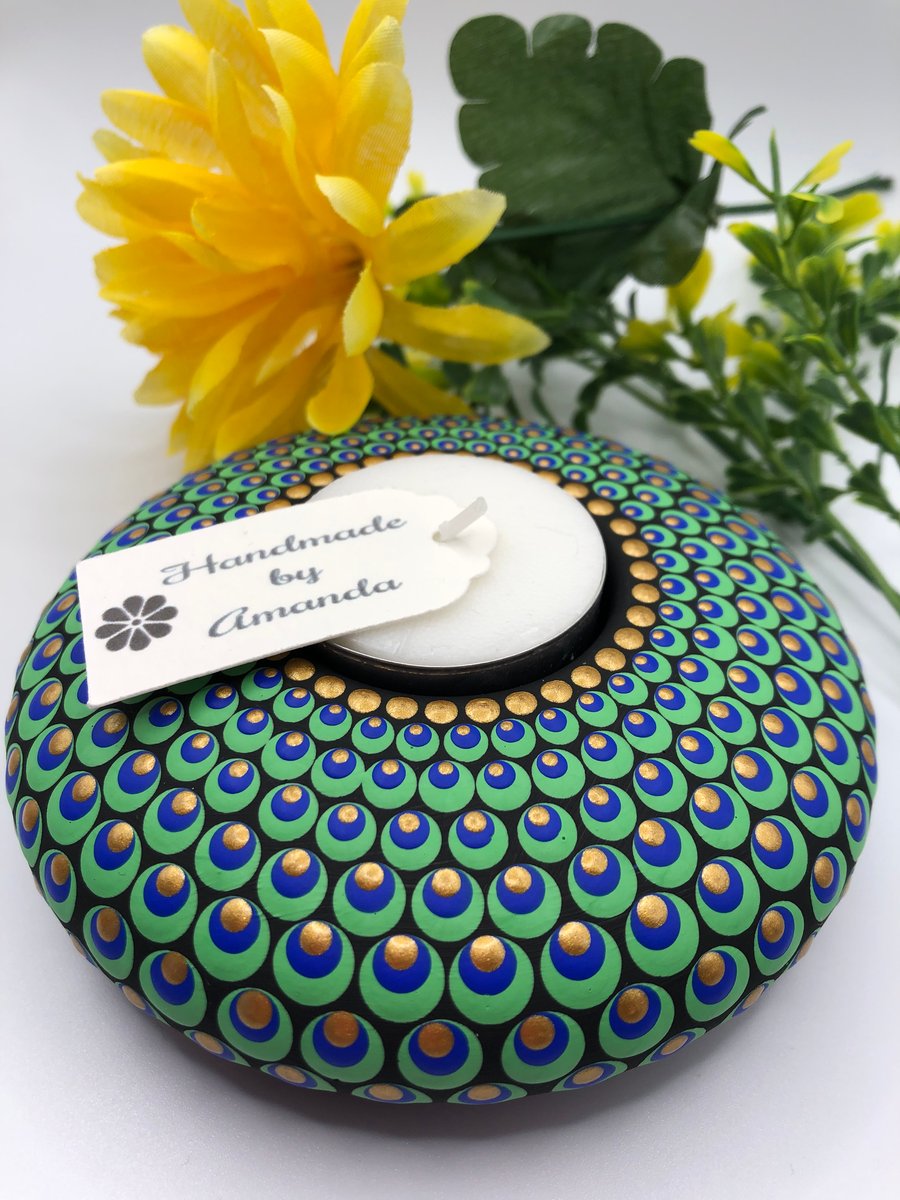 Mandala Tea Light Holder in Peacock Colours Hand Painted