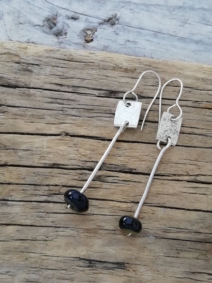Hammered Sterling Silver Drop Earrings with Black Handmade Glass Bead