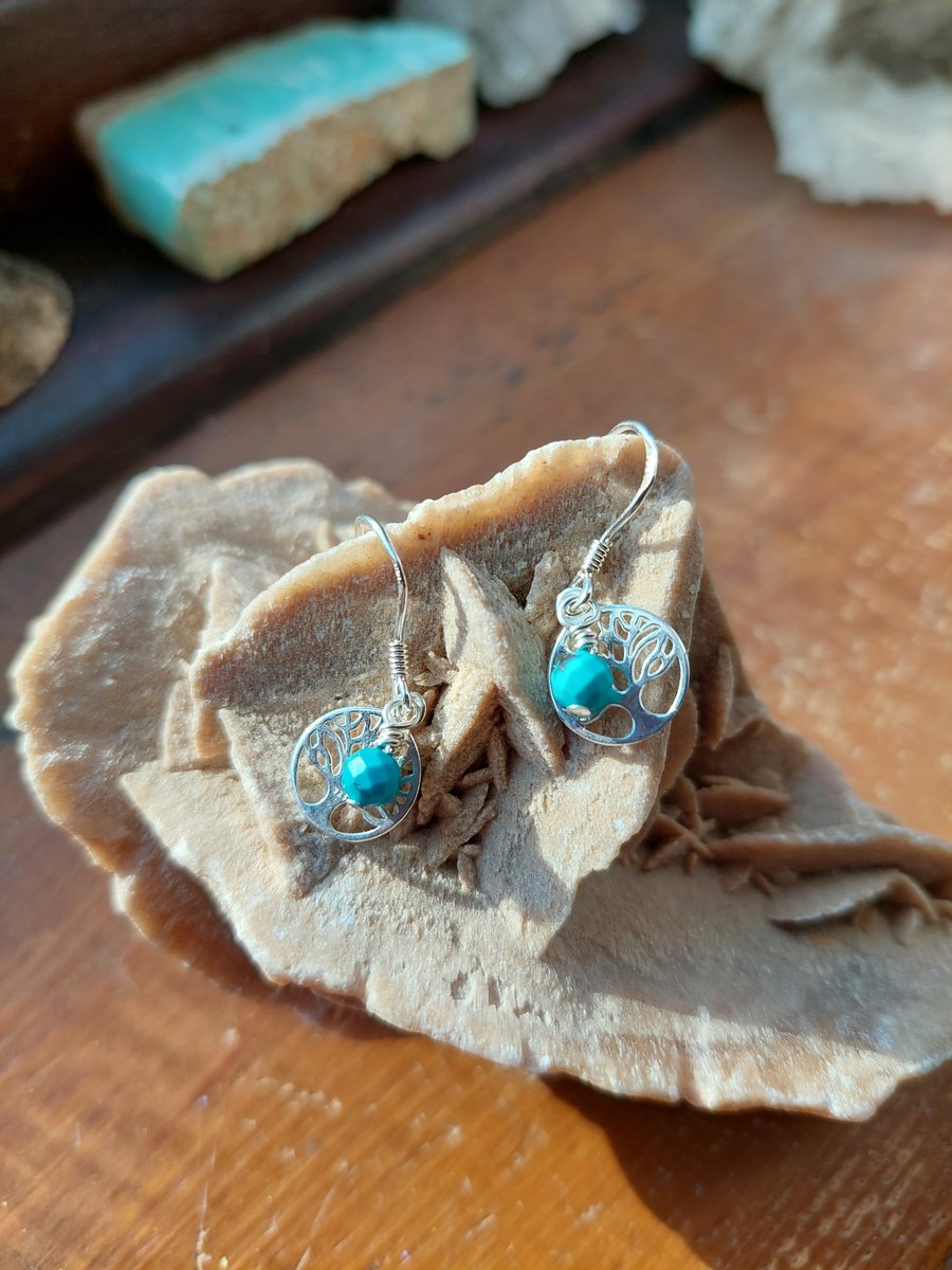 Sterling Silver and Turquoise Tree of Life Earrings - December Birthstone