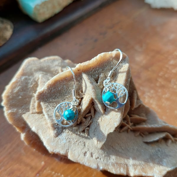 Sterling Silver and Turquoise Tree of Life Earrings - December Birthstone