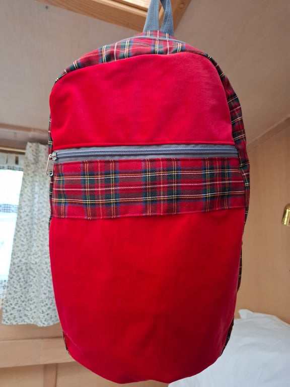 Red velvet and tartan backpack