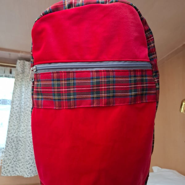 Red velvet and tartan backpack
