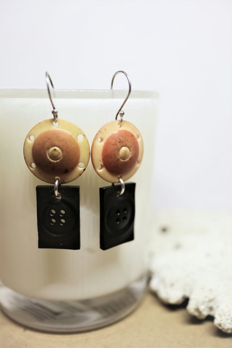 Round and rectangle shaped vintage button earrings - 925 sterling silver finding