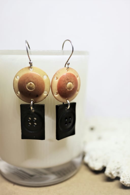 Round and rectangle shaped vintage button earrings - 925 sterling silver finding