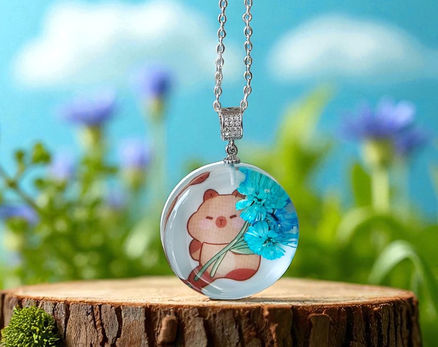 Kawaii capybara necklace with real flowers Whimsical resin pendant Cute animal