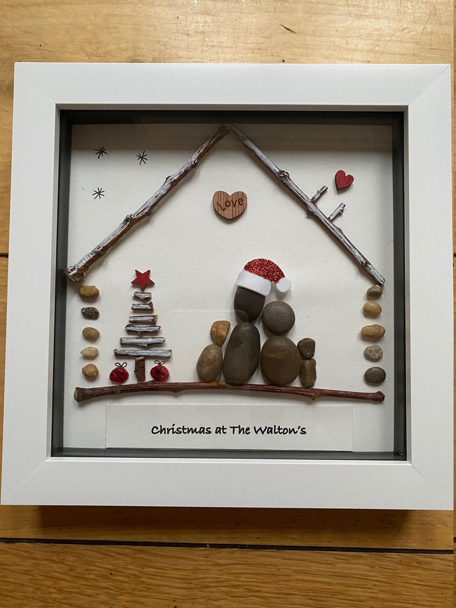 Family Christmas Decoration, Christmas Pebble Artwork Frame, Xmas Wall Decoratio