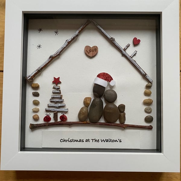 Family Christmas Decoration, Christmas Pebble Artwork Frame, Xmas Wall Decoratio