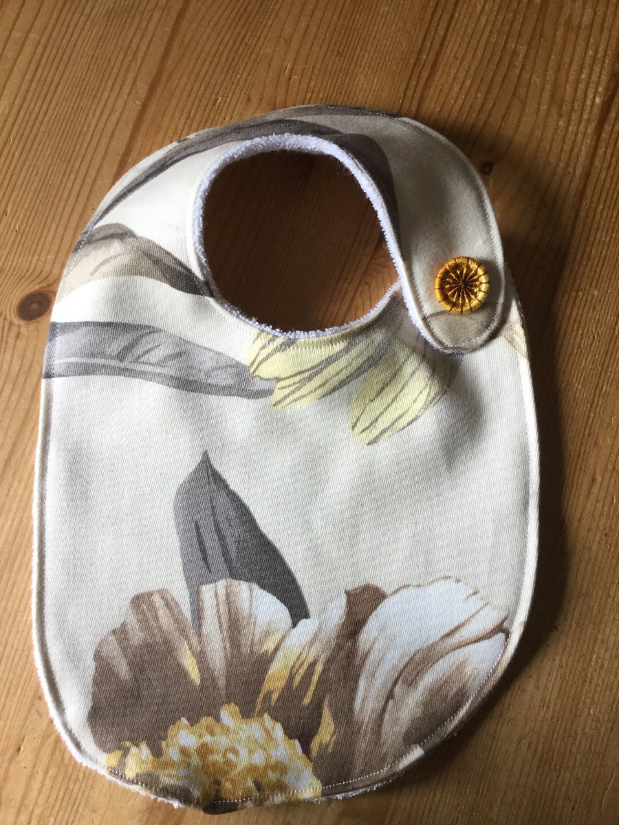 Dorset Button Trimmed Bib, Yellow and Taupe Floral  B4