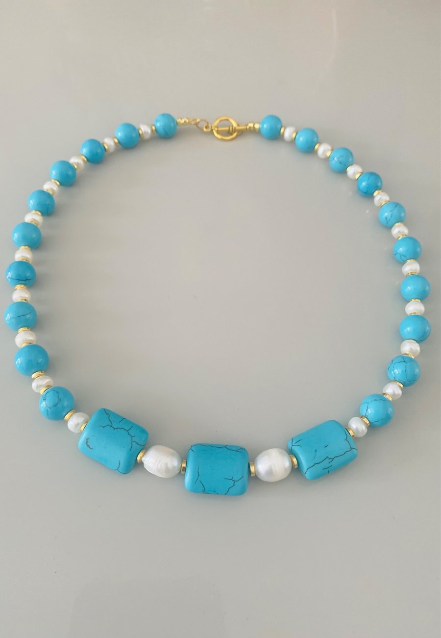 Handmade Blue Stone & Freshwater Pearl Necklace