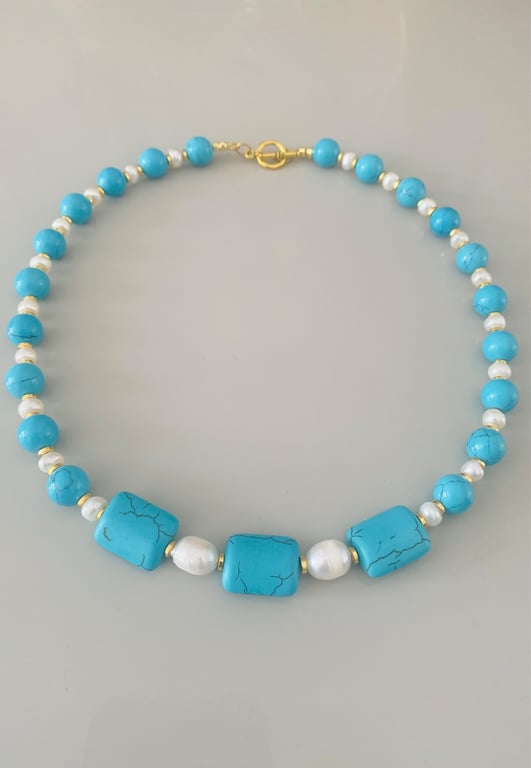 Handmade Blue Stone & Freshwater Pearl Necklace