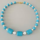 Handmade Blue Stone & Freshwater Pearl Necklace