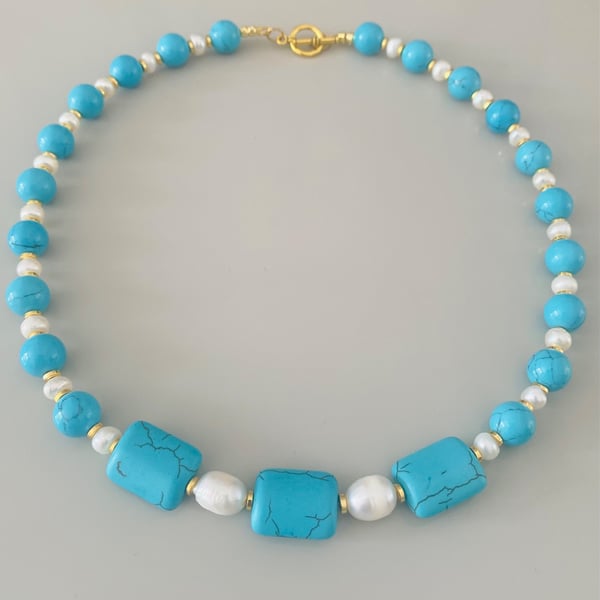 Handmade Blue Stone & Freshwater Pearl Necklace