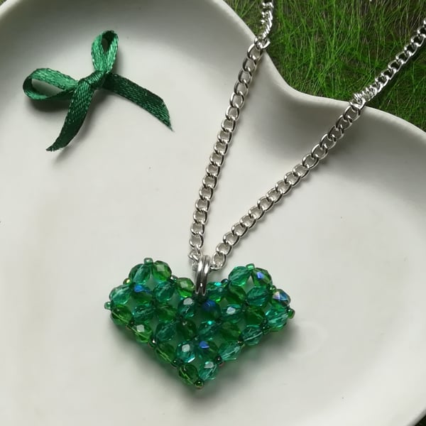Woven Heart Pendant necklace in Emerald Green Czech crystals