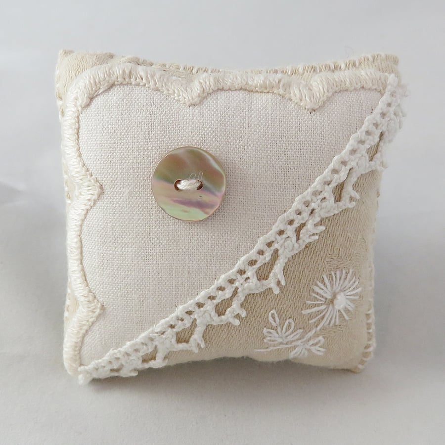 Coffee and Cream Pincushion from vintage linens