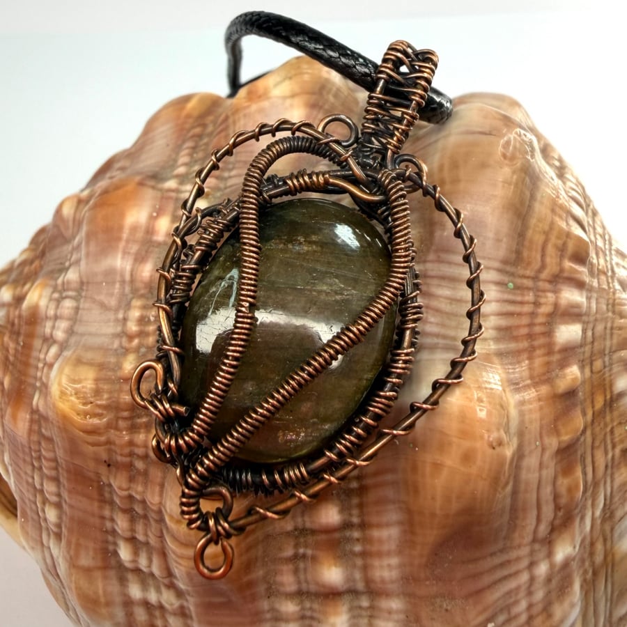 Love Tokens: Copper Wire Wrapped Labradorite Pendant On Waxed Cord Necklace