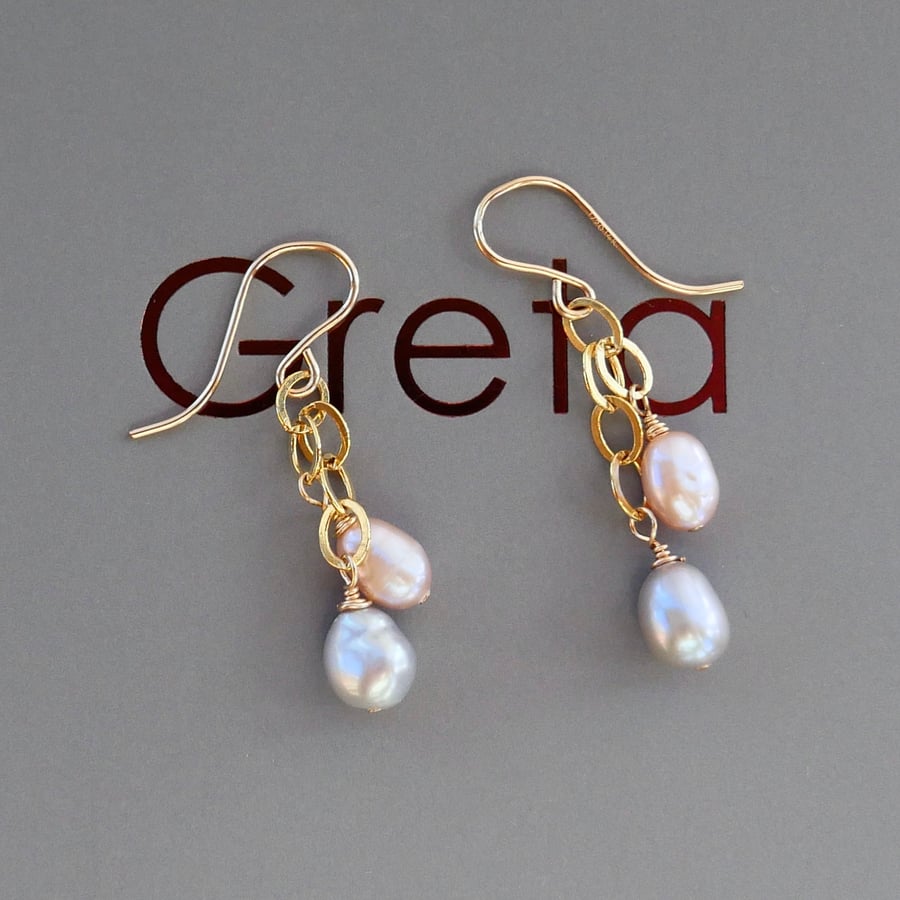 Grey & Peach Pearl Duo Dangly Earrings on Gold Filled Ear Wires