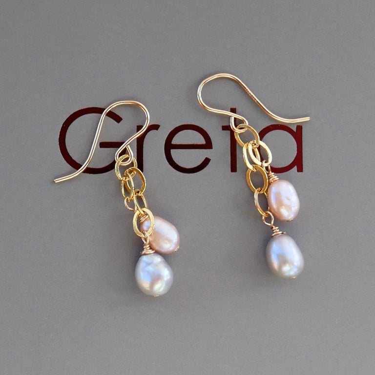 Grey & Peach Pearl Duo Dangly Earrings on Gold Filled Ear Wires