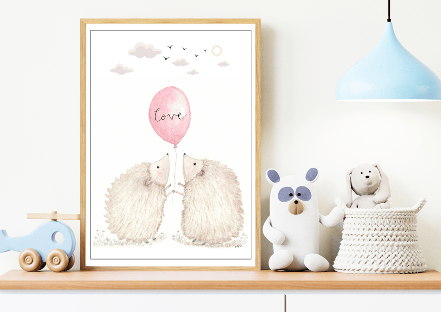 Hedgehogs with love balloon (watercolour art print)