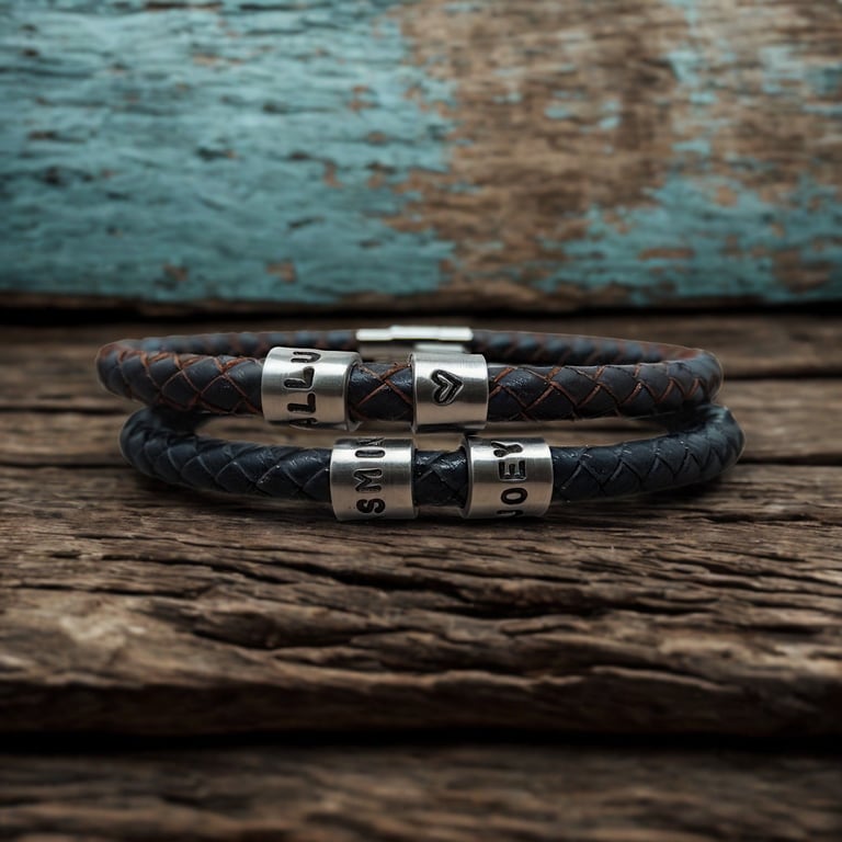 Men's Personalised Leather Bracelet with Two Hand Stamped Rings - Free Delivery
