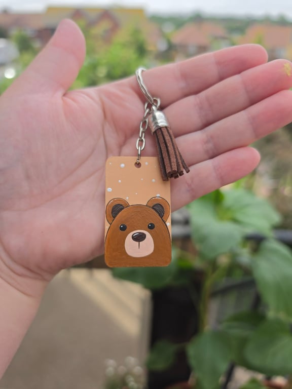 Hand-Painted Teddy Bear Wooden Keyring With Tassel Cute Handmade Bear Bag Charm