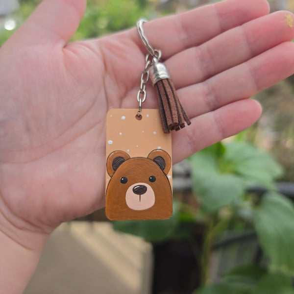 Hand-Painted Teddy Bear Wooden Keyring With Tassel Cute Handmade Bear Bag Charm